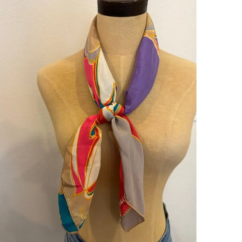 Vintage HANAE MORI 100% Silk Square Scarf Neck Tie Shawl Japan Coral Blue Purple